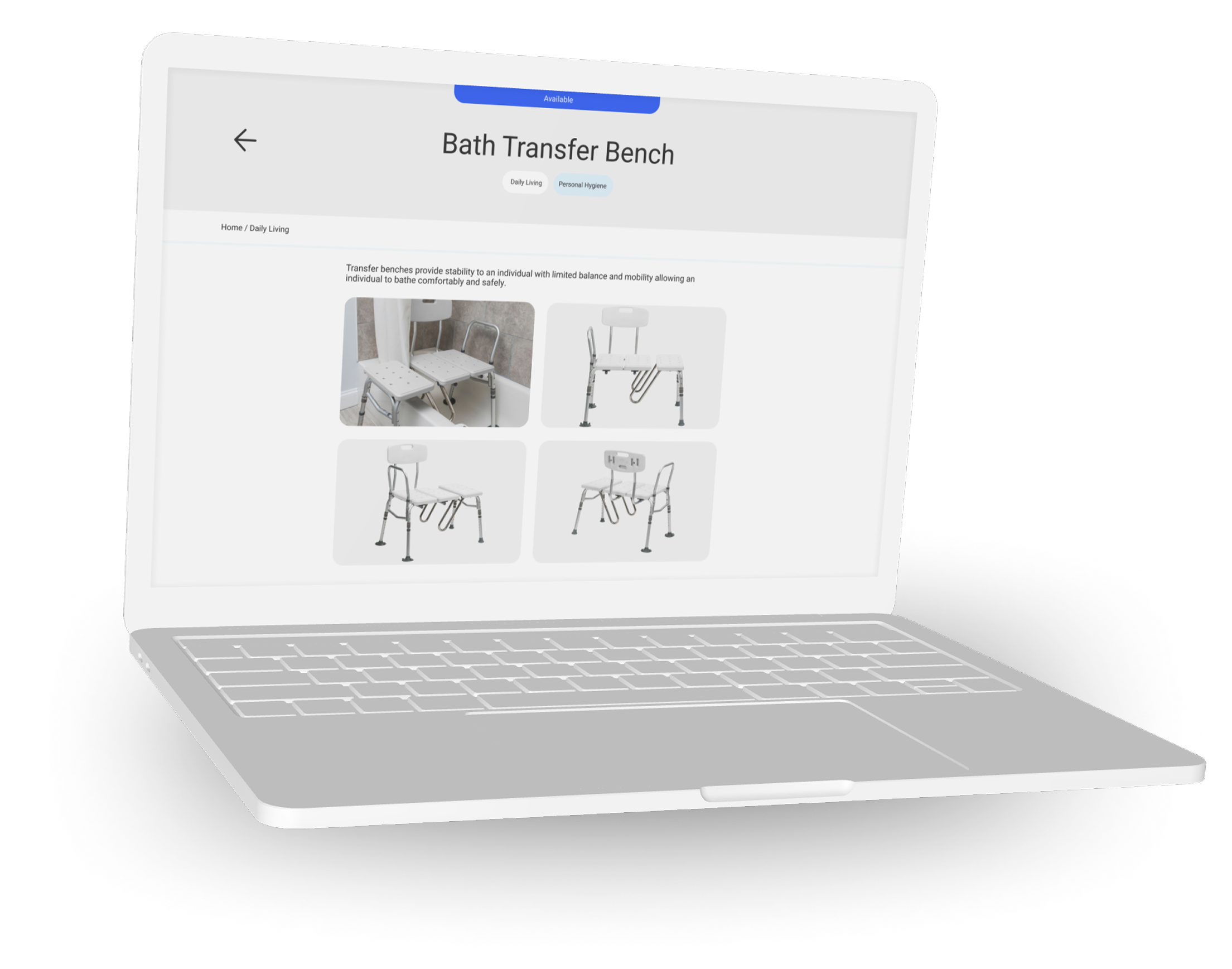 Laptop displaying a bath transfer bench item