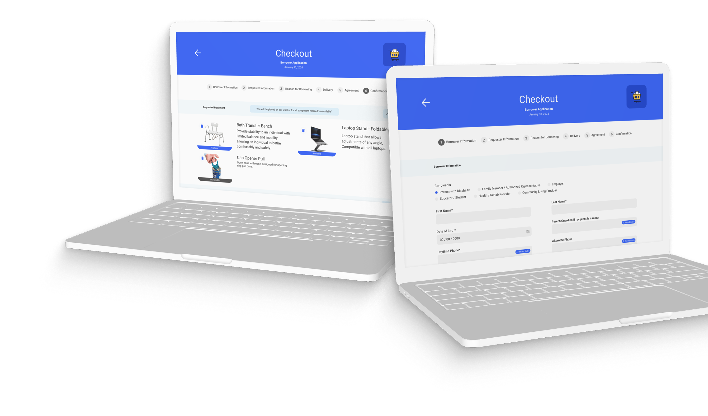 Two laptops displaying the ATK e-commerce site checkout views