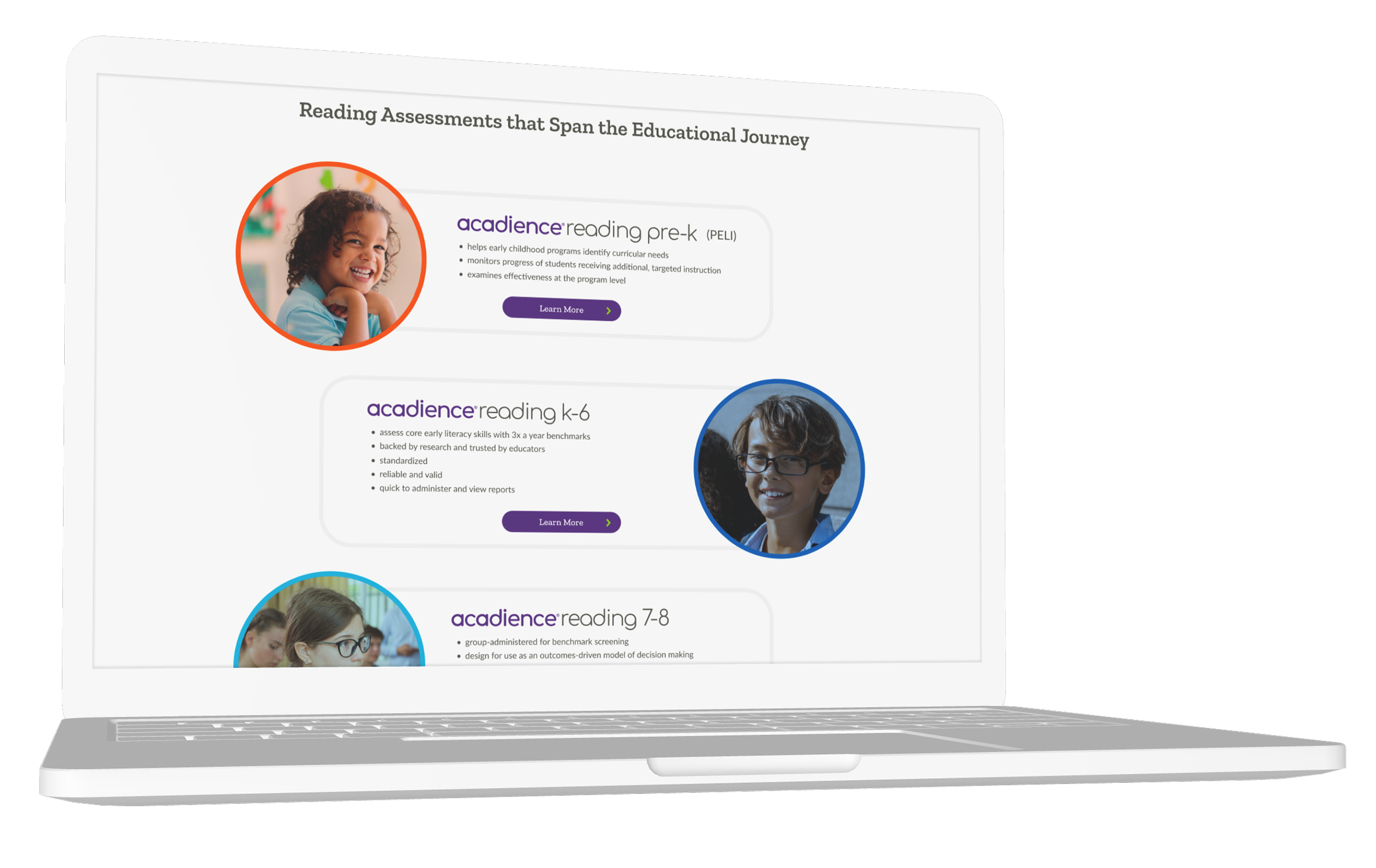Laptop displaying the new Acadience Reading page showing different entry points for the product