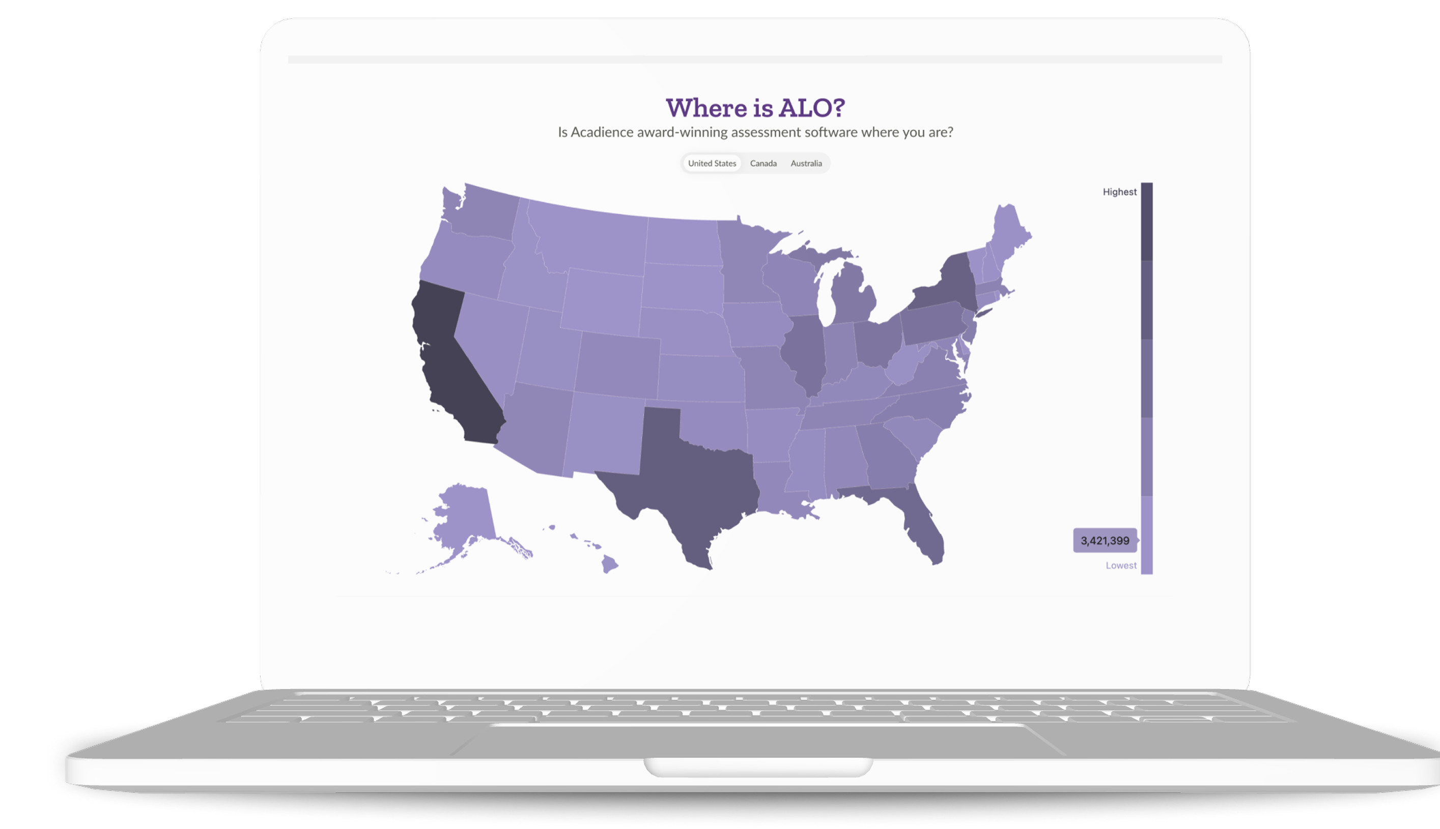 A laptop displaying the acadience home page map