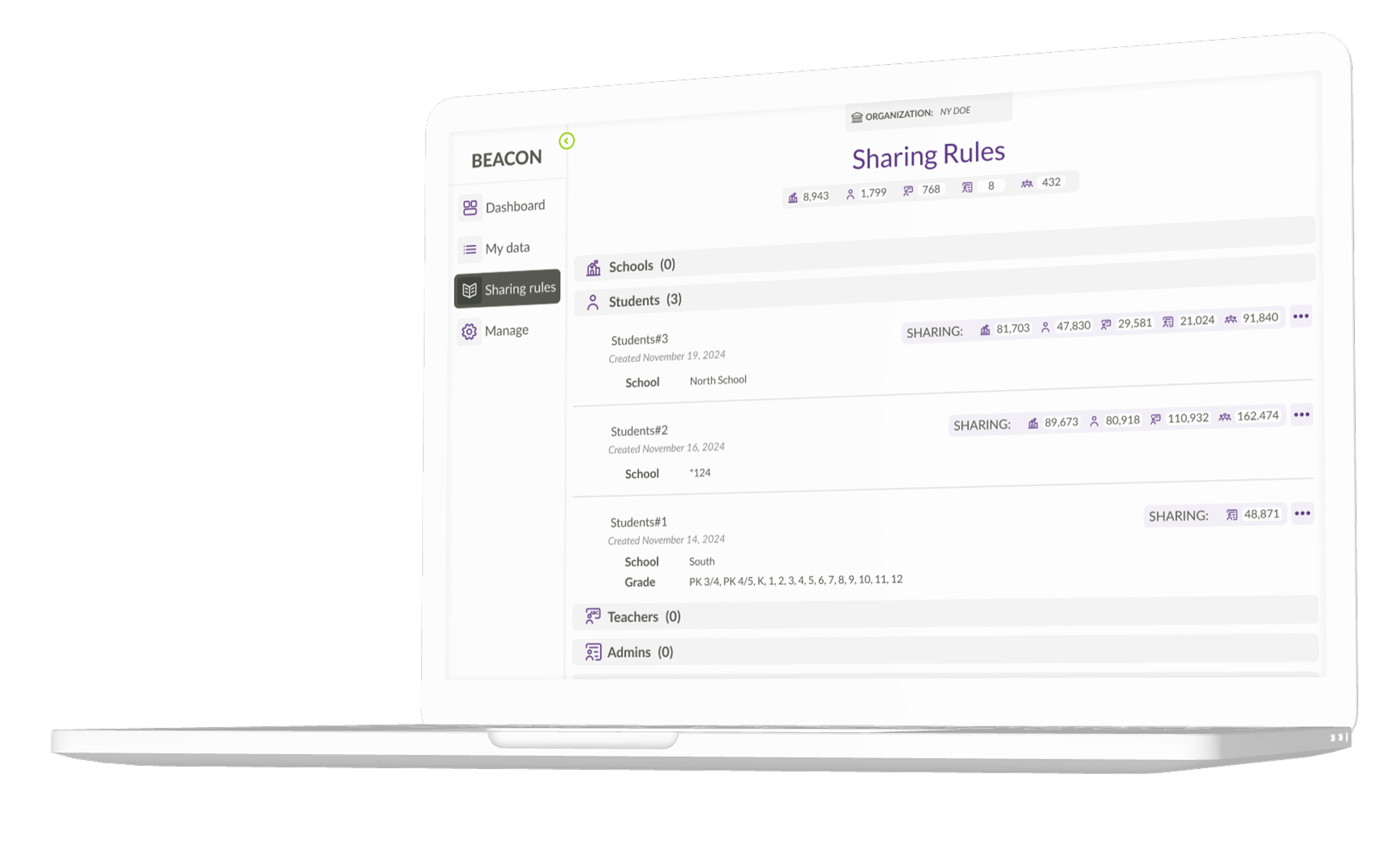 Beacon Sharing Rules interface on a laptop