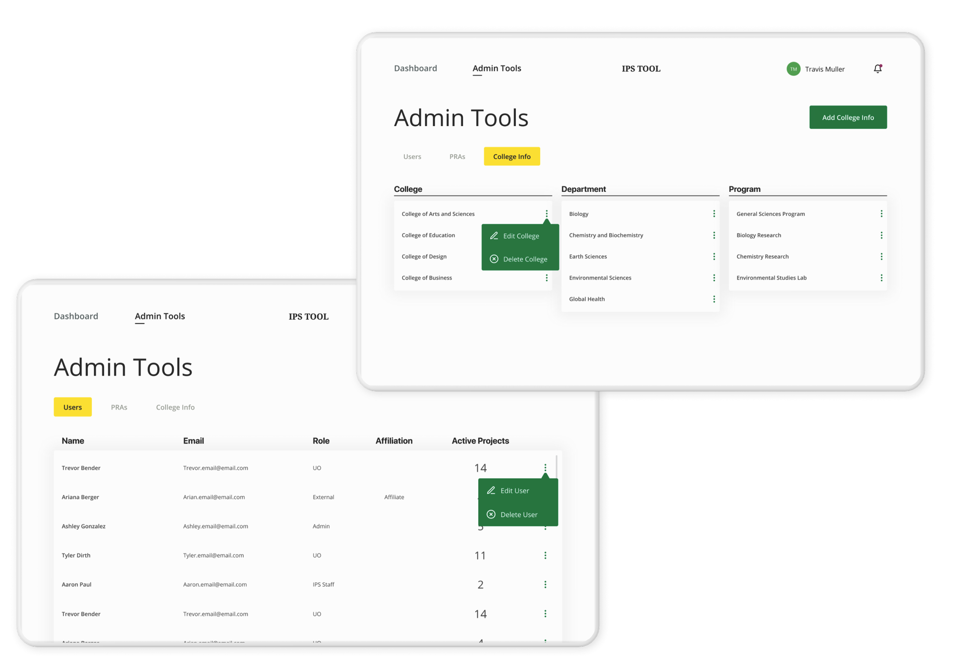 2 screenshots of the admin tools