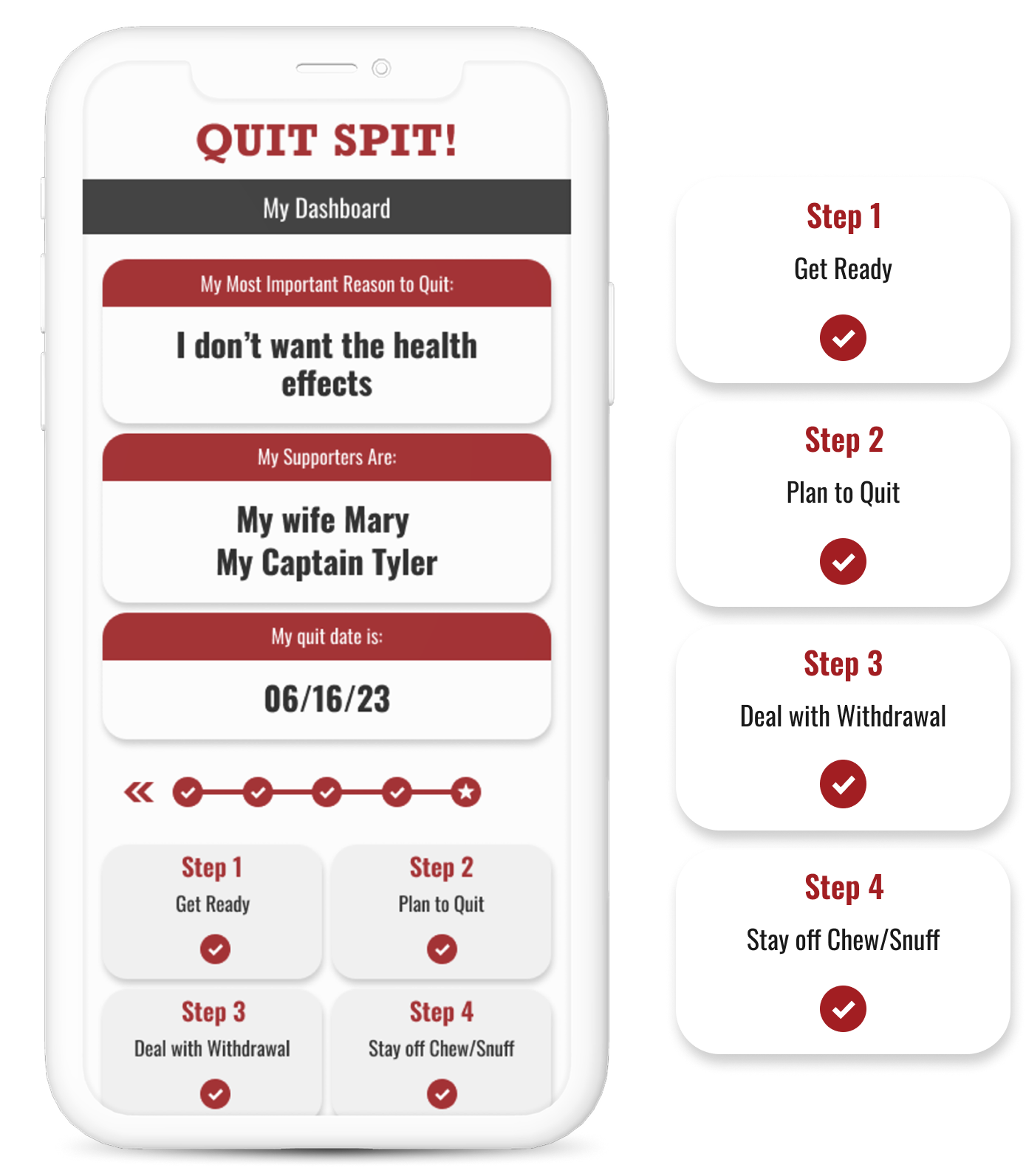 Mobile displaying the Quit Spit dashboard with the 4 steps UI to the right of it