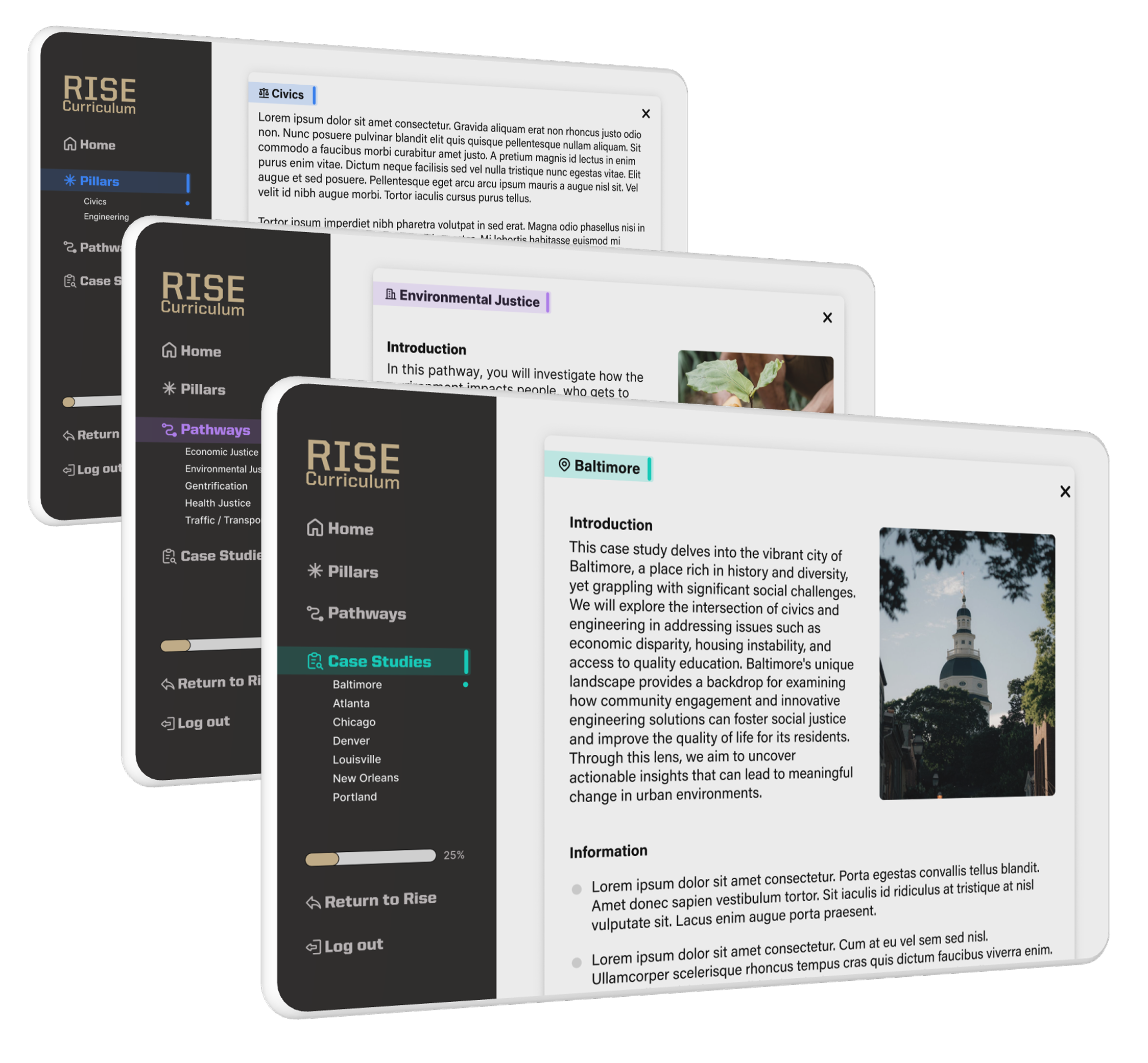 Rise Curriculum: Pillas, Pathways and Case studies module mobile images