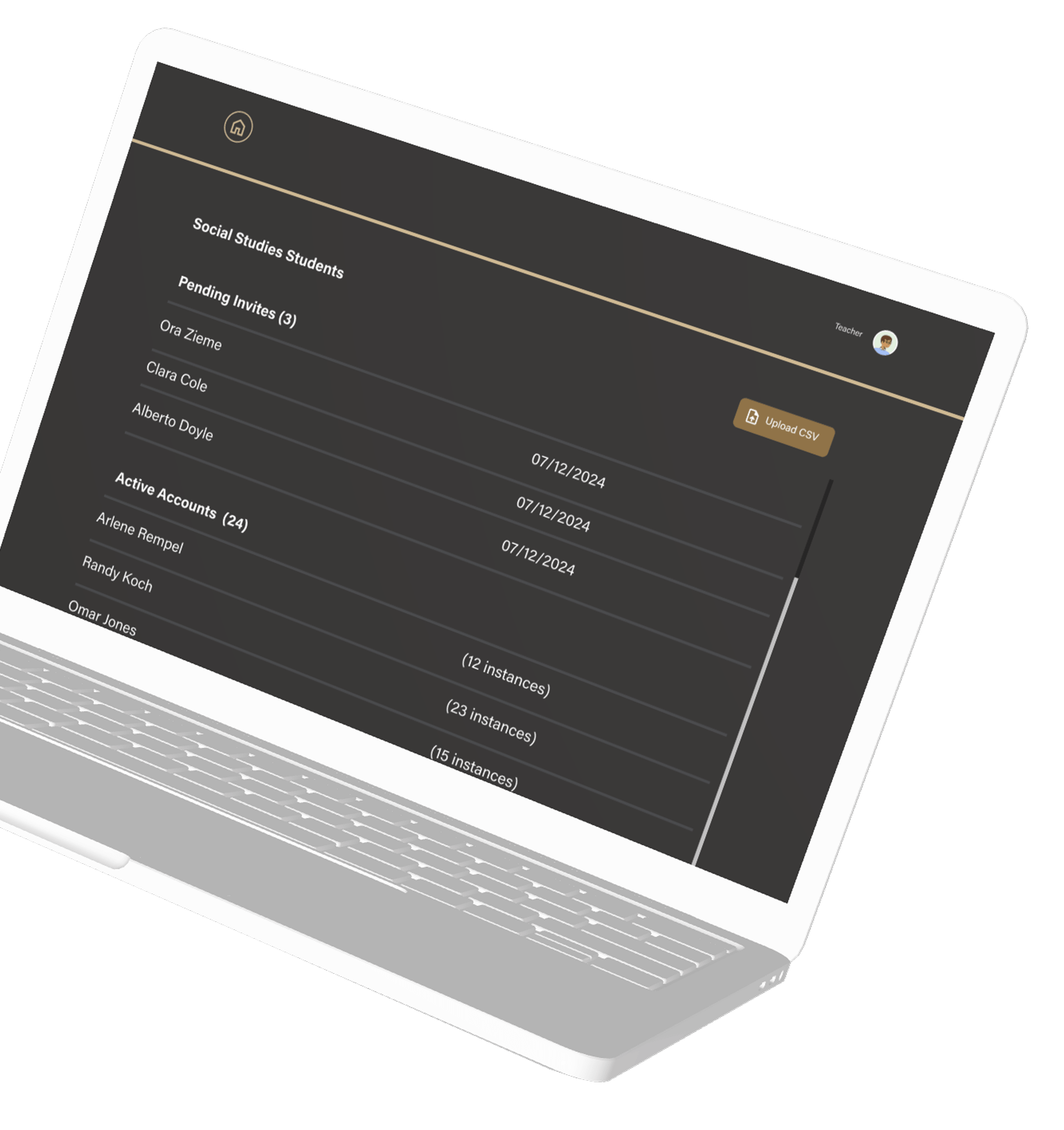 A laptop displaying a teacher view of the Rise app