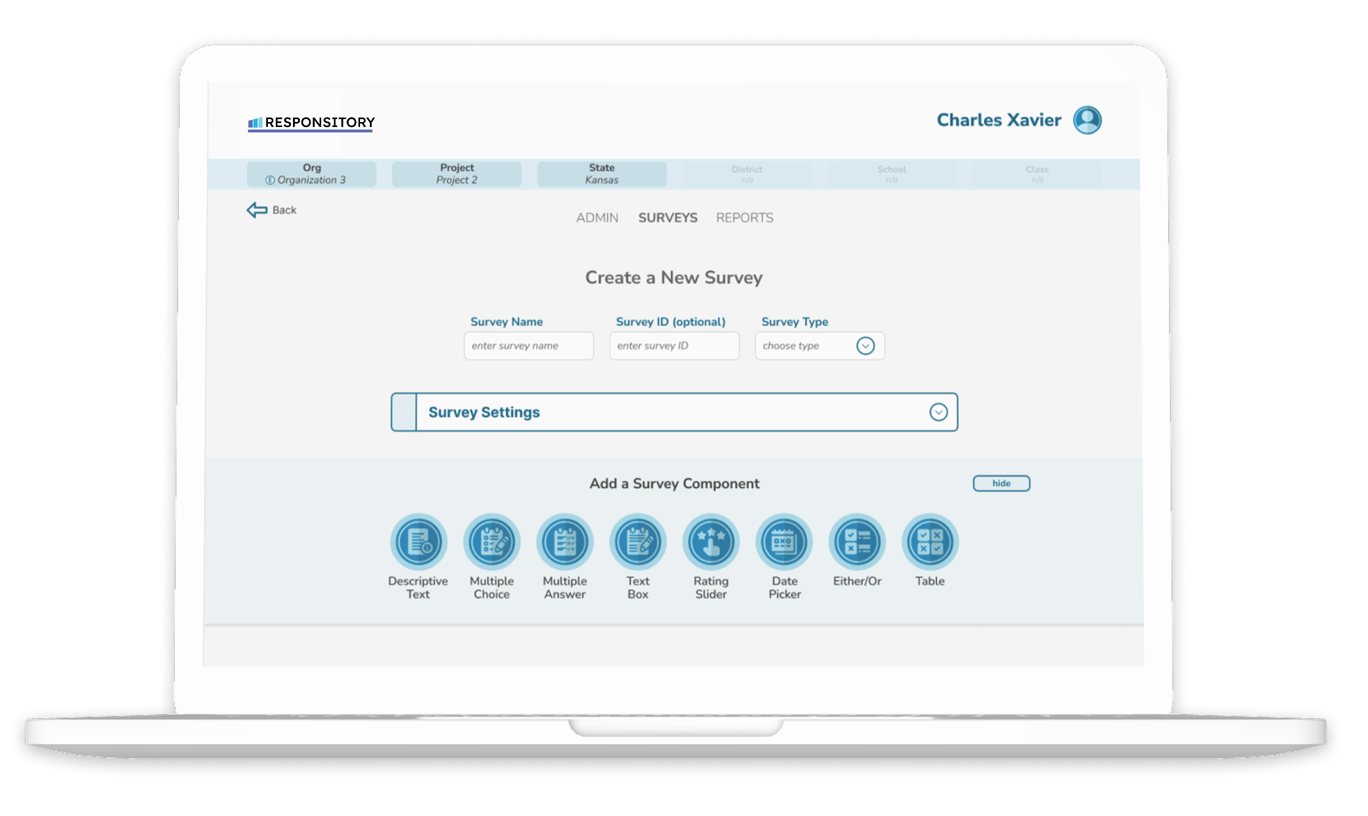 Laptop displaying the Create a New Survey screen