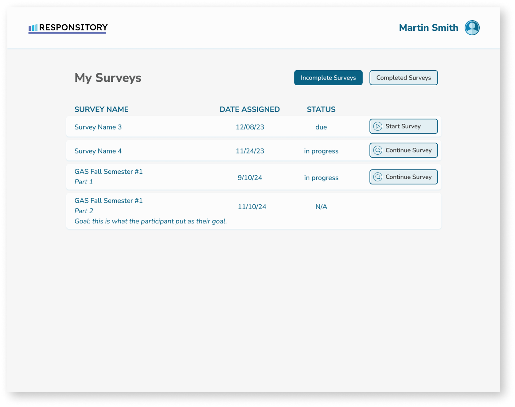 SDI My Surveys screen