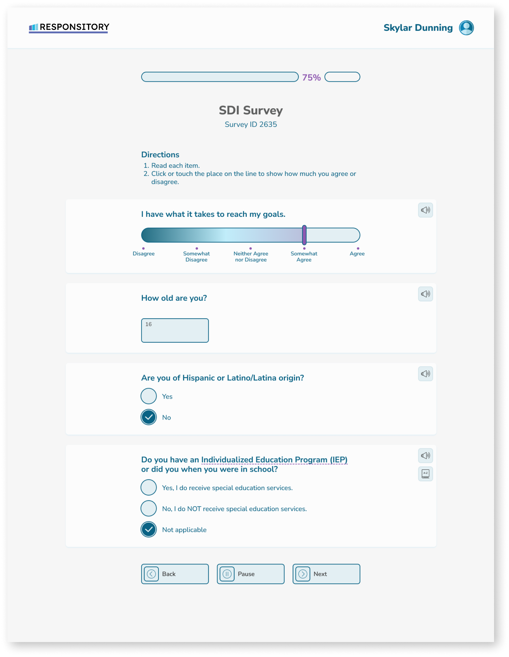 Example SDI Survey screen