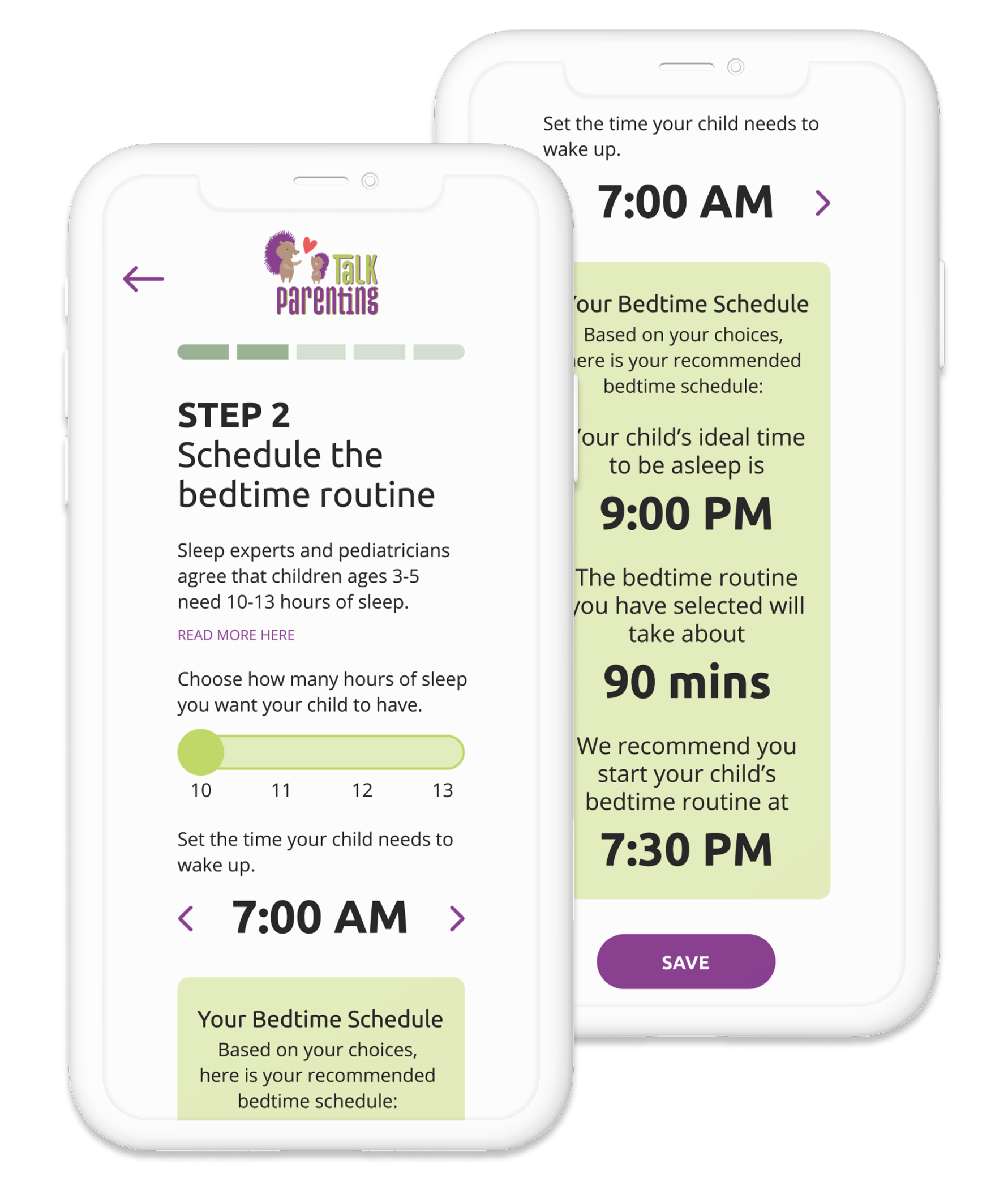 2 mobile phones showing bedtime routine scheduling
