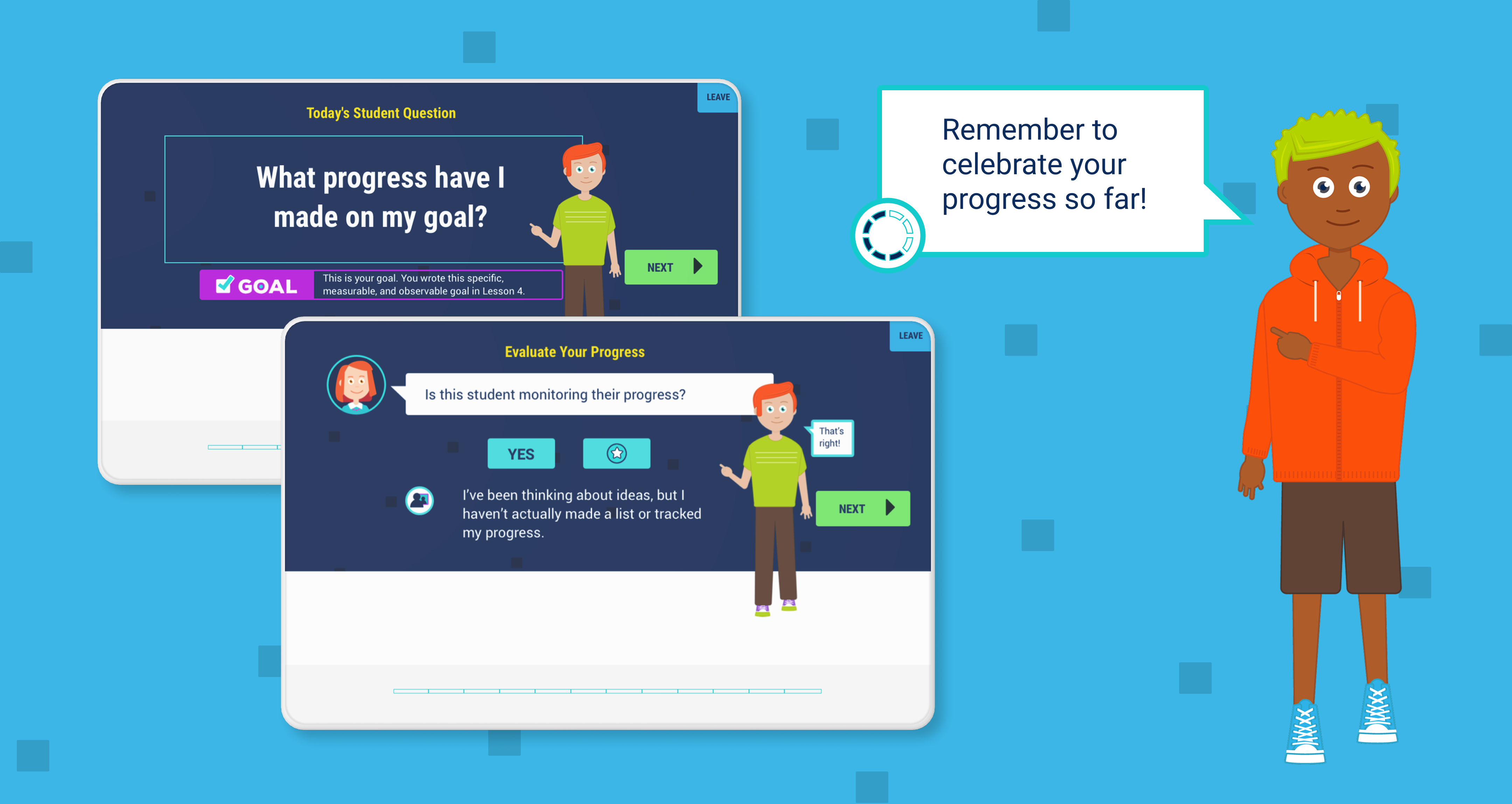 Two tablets with a GSC character reminding to celebrate user's progress