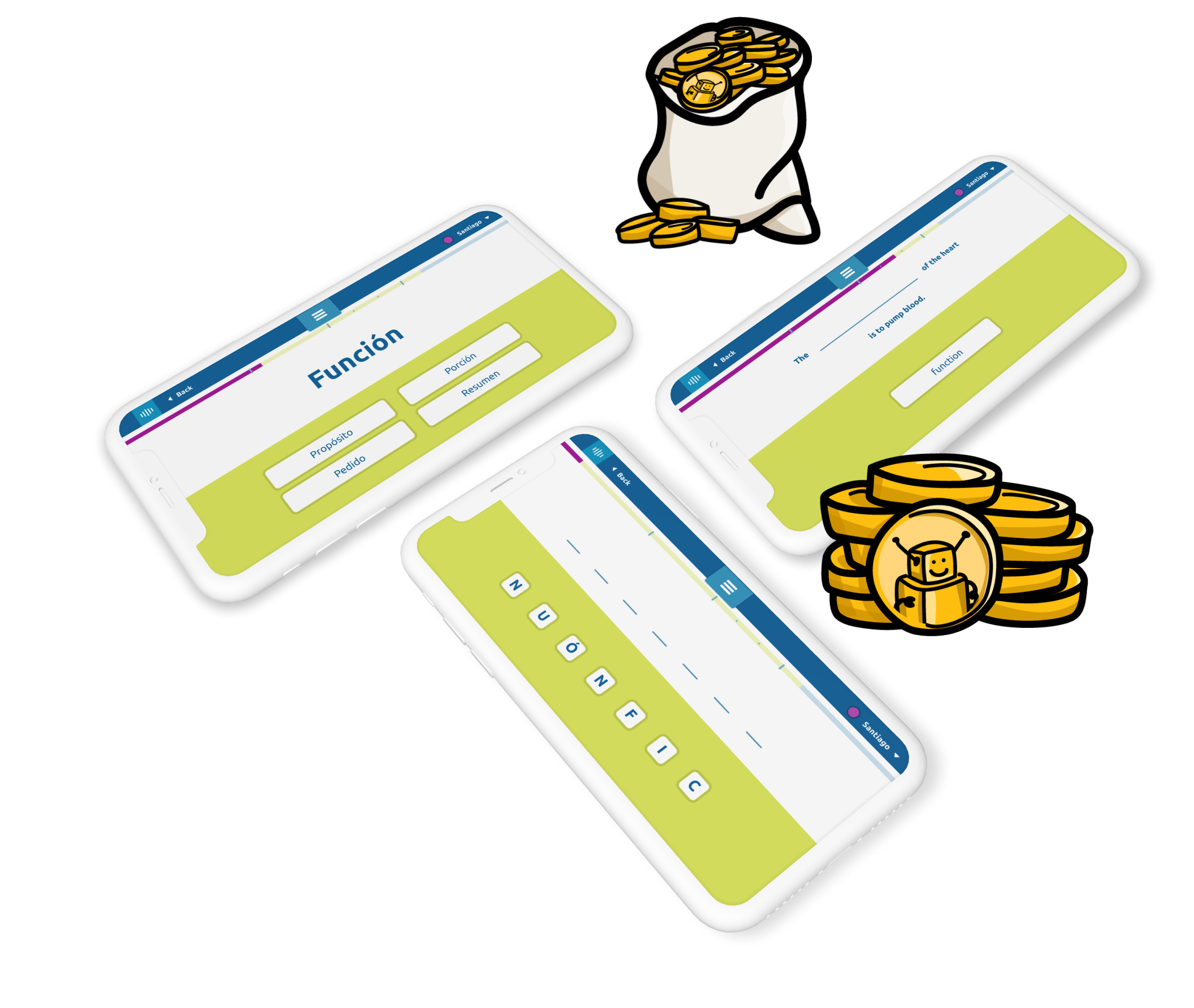 3 mobiles displaying various views of Mi Familia STEM with cartoon coins around