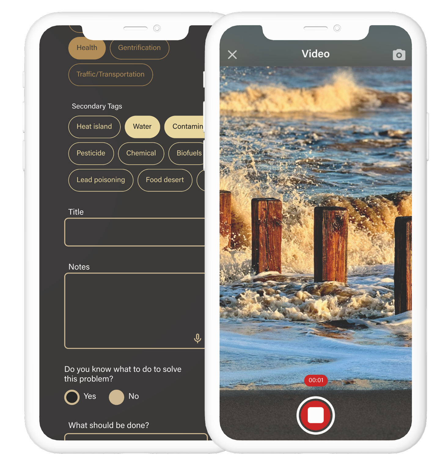 2 mobile phones displaying photo/video interface